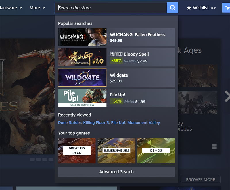Пошук Steam Store